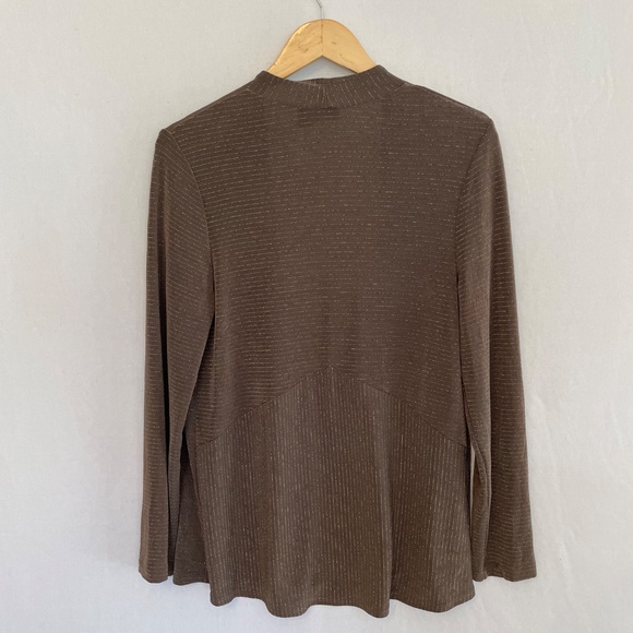 CHICO’S TRAVELERS Size 1 US Medium Open Front Dark Tan Metallic Thread Cardigan - Picture 2 of 4